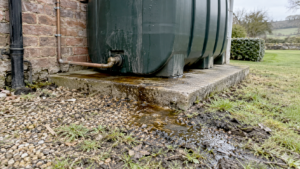Domestic heating oil leaking from a tank onto surrounding concrete, gravel and soil.