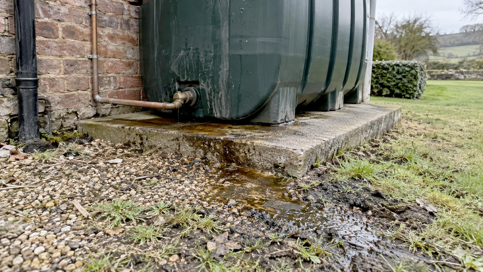 Domestic heating oil leaking from a tank onto surrounding concrete, gravel and soil.